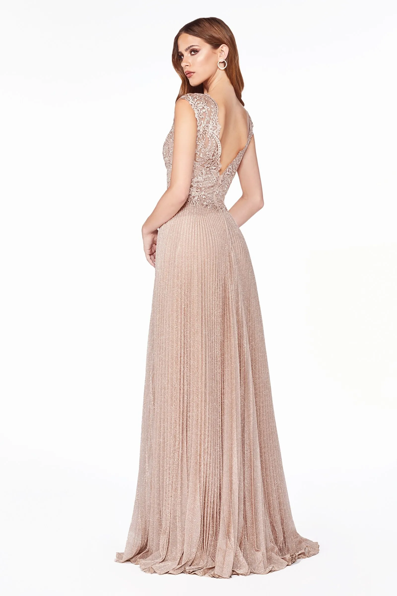 A-line Metallic Pleated Cap Sleeve Bodice Long Bridesmaid & Mother of Bride Dress CDHT011