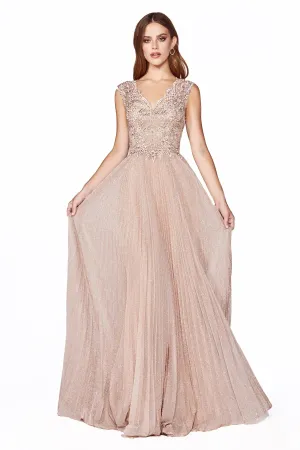 A-line Metallic Pleated Cap Sleeve Bodice Long Bridesmaid & Mother of Bride Dress CDHT011