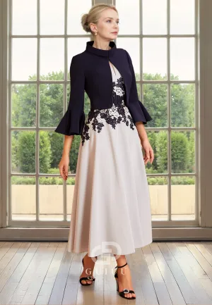 A-Line Two Piece Scoop Neck Cap Sleeves Lace Appliques Tea Length Mother of Bride Dress