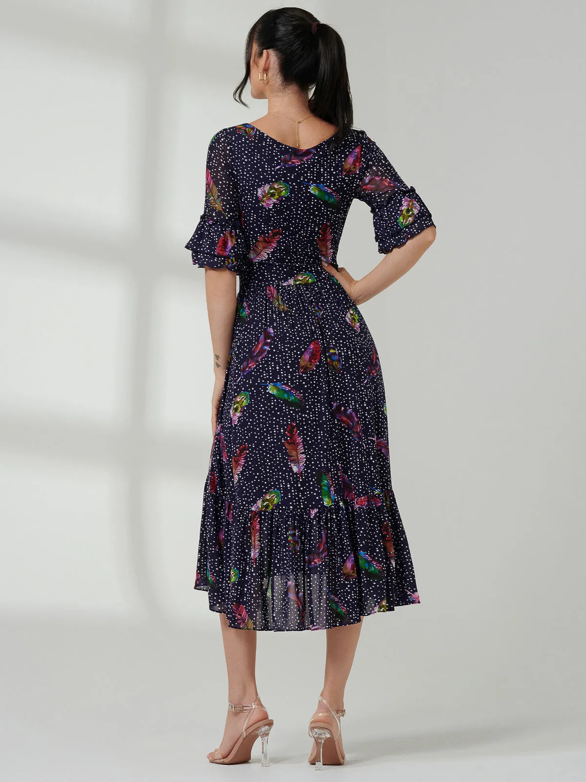 Aleia Mesh Print Square Neck Dress, Navy Feather