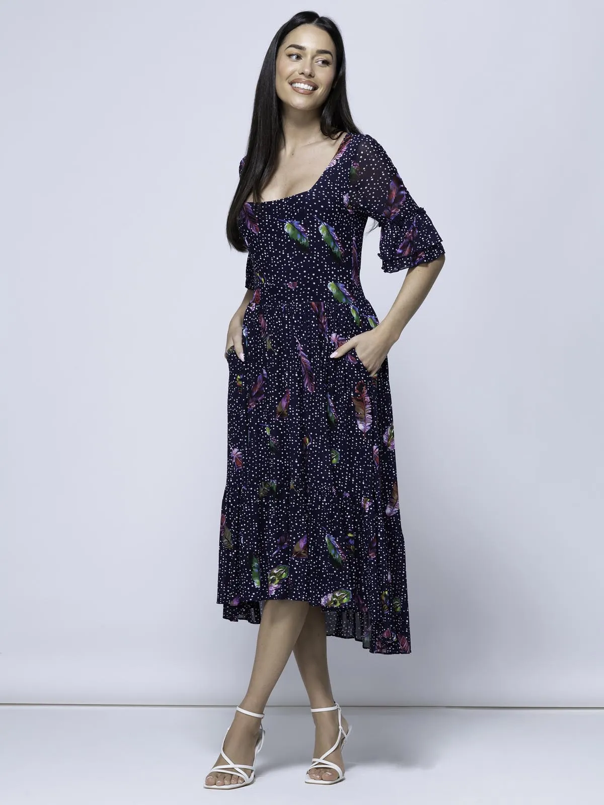 Aleia Mesh Print Square Neck Dress, Navy Feather