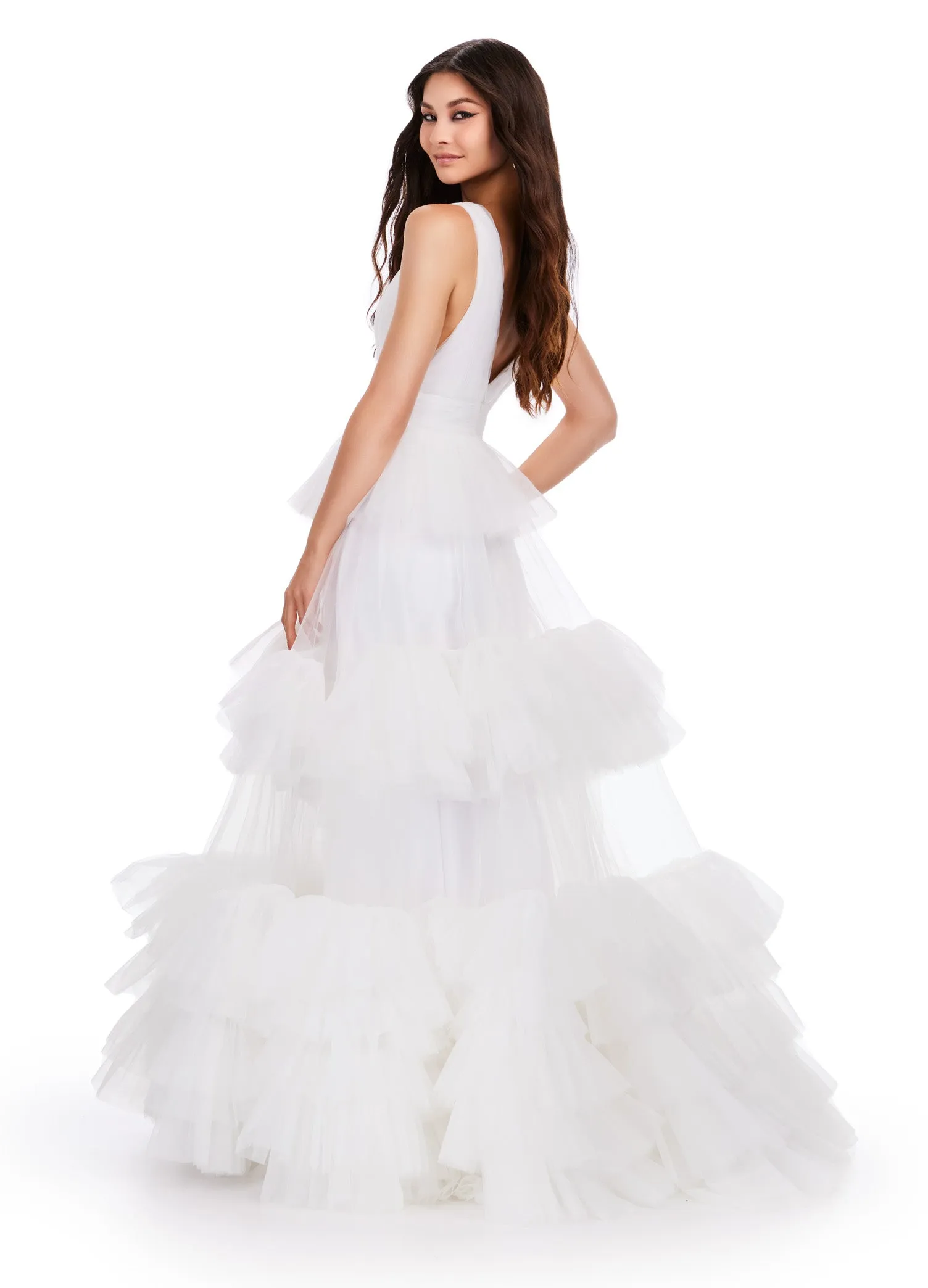 Ashley Lauren 11620 Long Prom Dress V-Neck Tiered Tulle Ball Gown Formal Pageant Gown