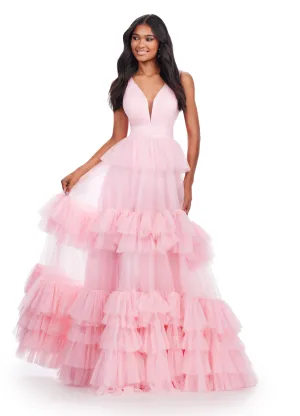 Ashley Lauren 11620 Long Prom Dress V-Neck Tiered Tulle Ball Gown Formal Pageant Gown