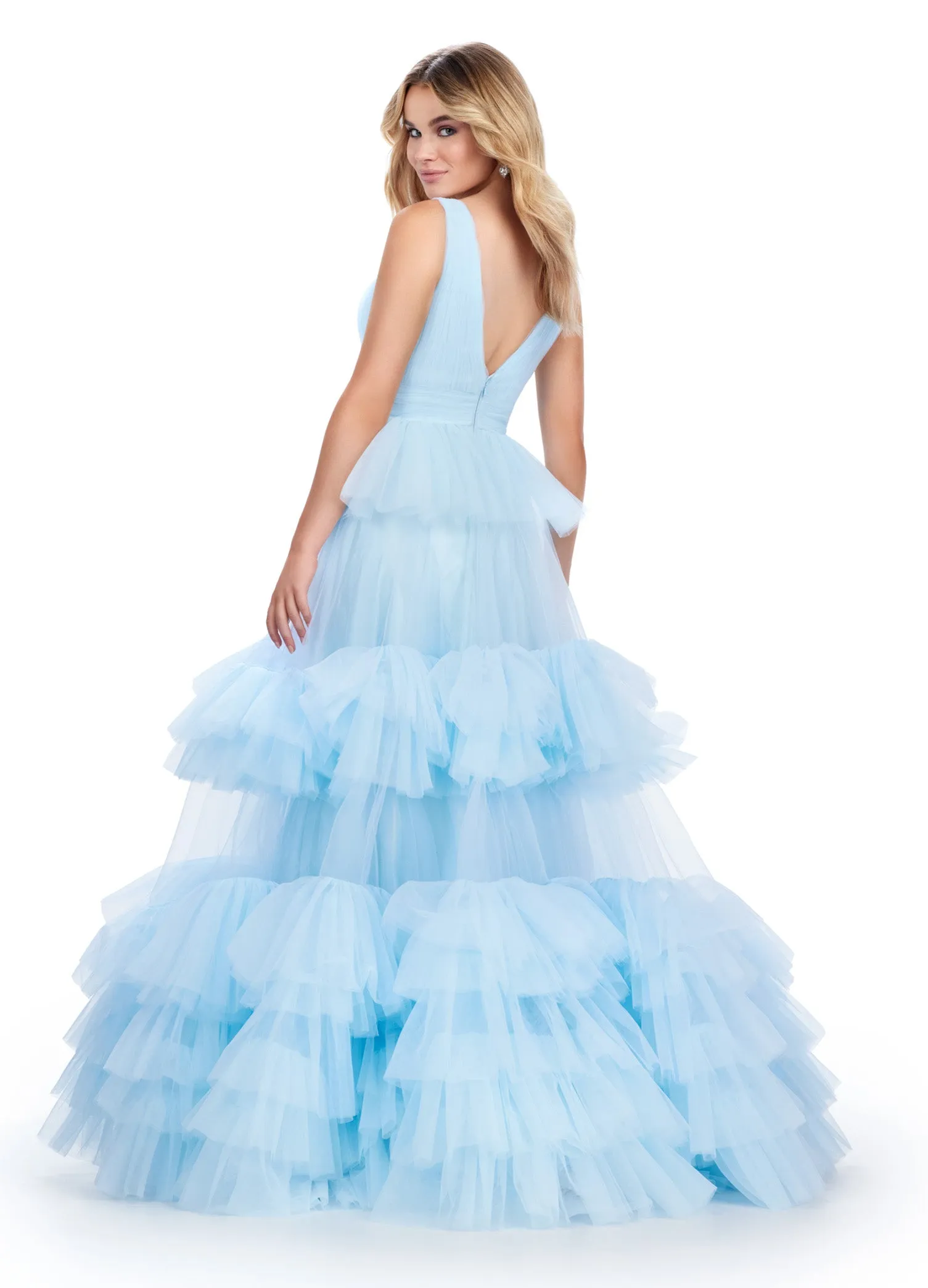 Ashley Lauren 11620 Long Prom Dress V-Neck Tiered Tulle Ball Gown Formal Pageant Gown