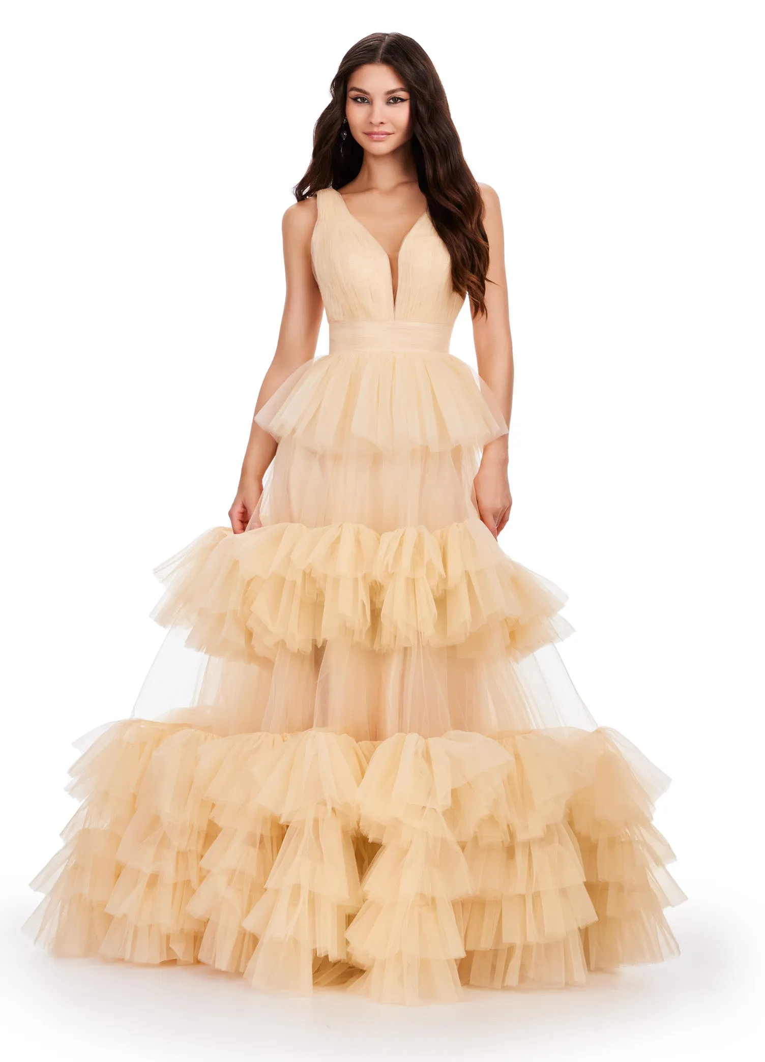 Ashley Lauren 11620 Long Prom Dress V-Neck Tiered Tulle Ball Gown Formal Pageant Gown