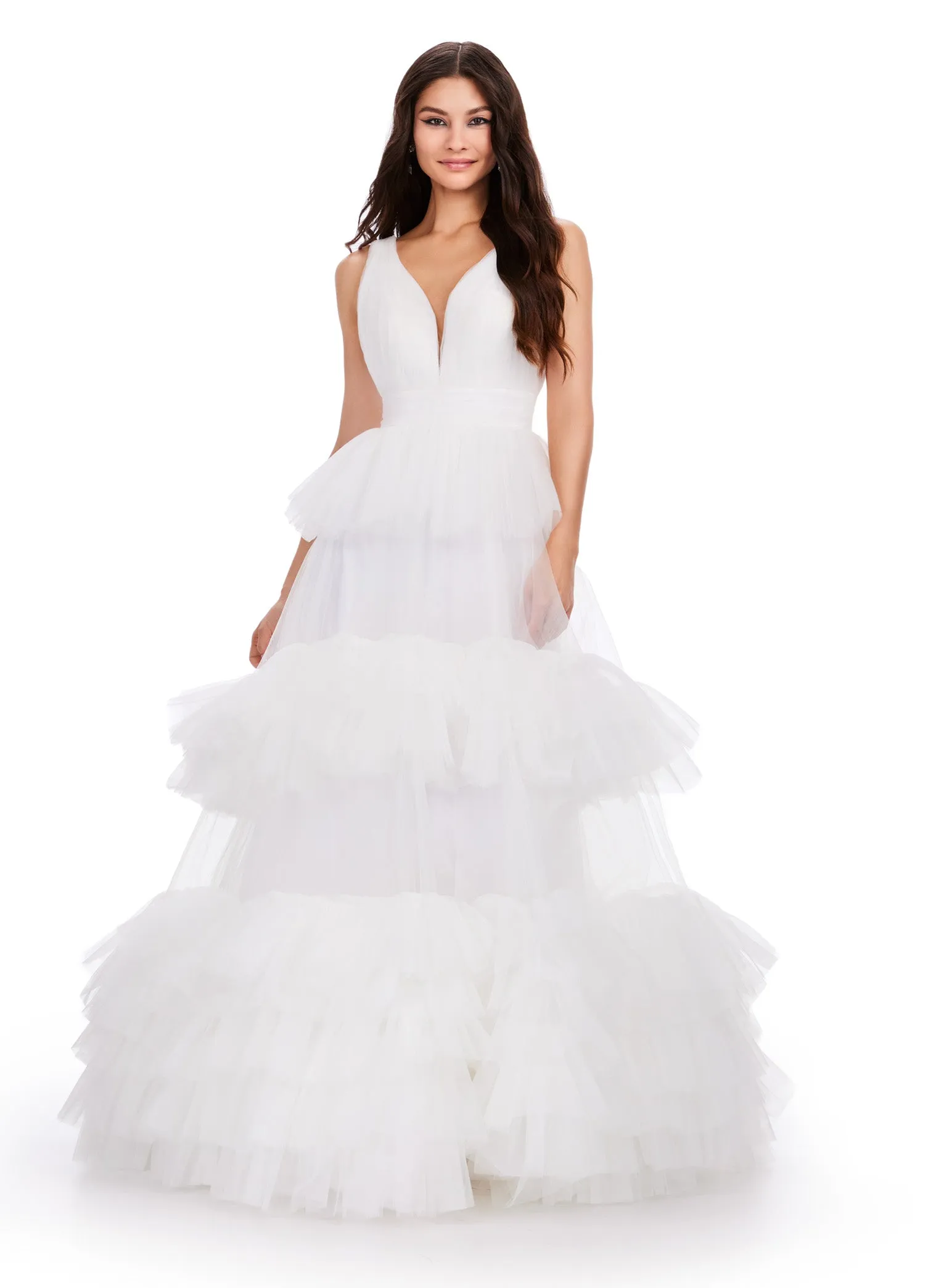 Ashley Lauren 11620 Long Prom Dress V-Neck Tiered Tulle Ball Gown Formal Pageant Gown