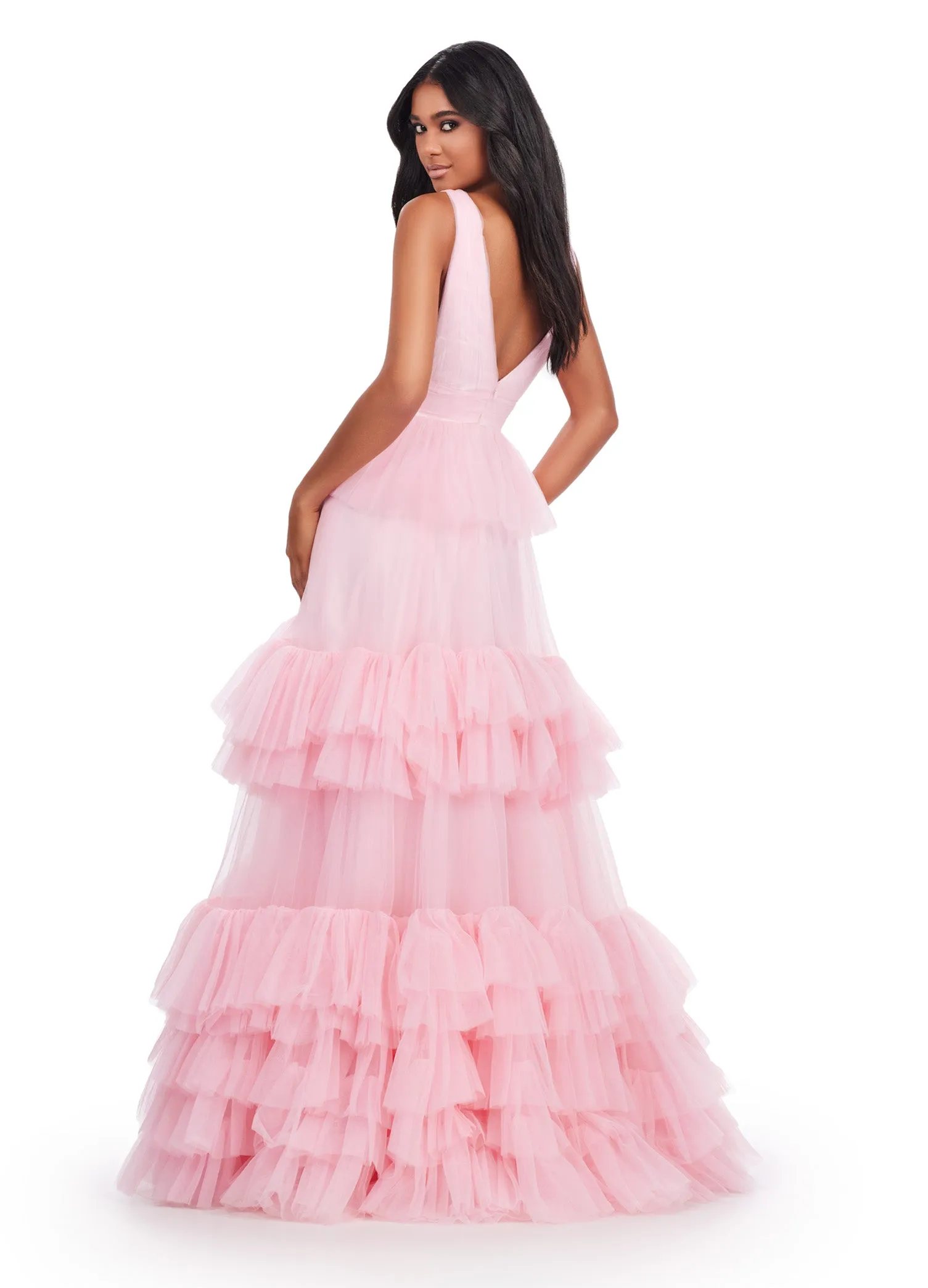 Ashley Lauren 11620 Long Prom Dress V-Neck Tiered Tulle Ball Gown Formal Pageant Gown