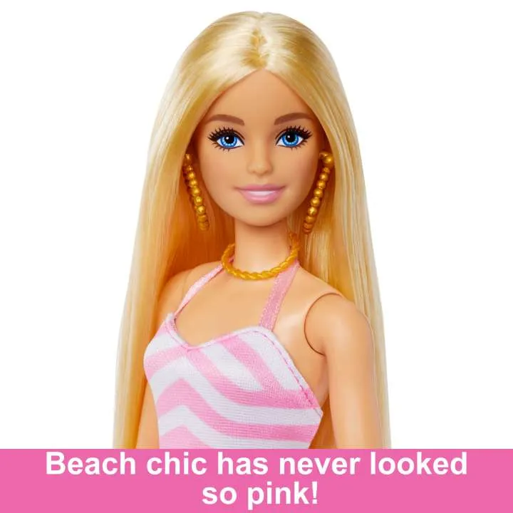 Barbie Doll Pink White Swimsuit Sun Hat Bag and Beach Themed Accessories