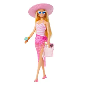 Barbie Doll Pink White Swimsuit Sun Hat Bag and Beach Themed Accessories