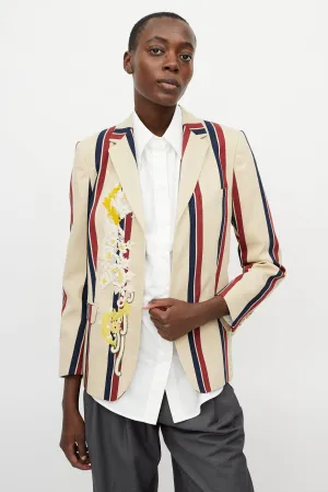 Beige & Multicolour Striped Beaded Blazer