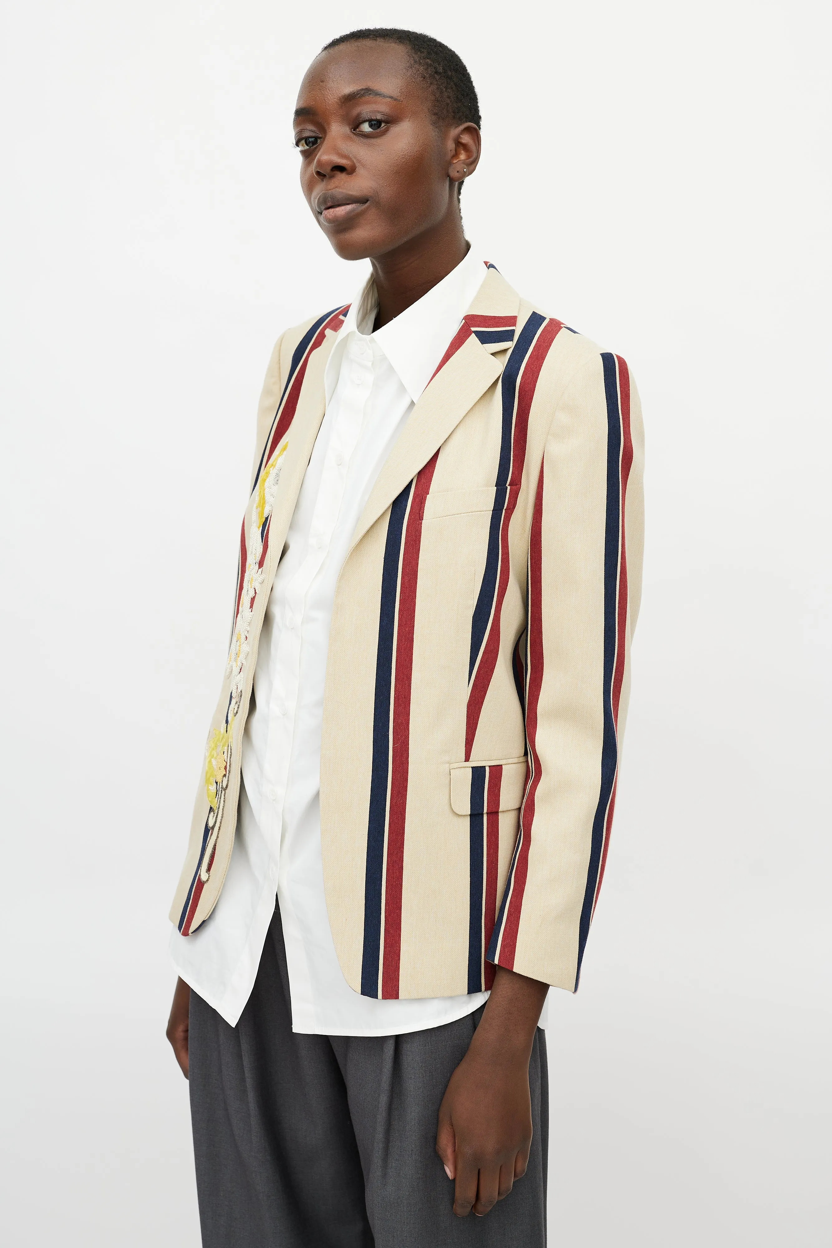 Beige & Multicolour Striped Beaded Blazer