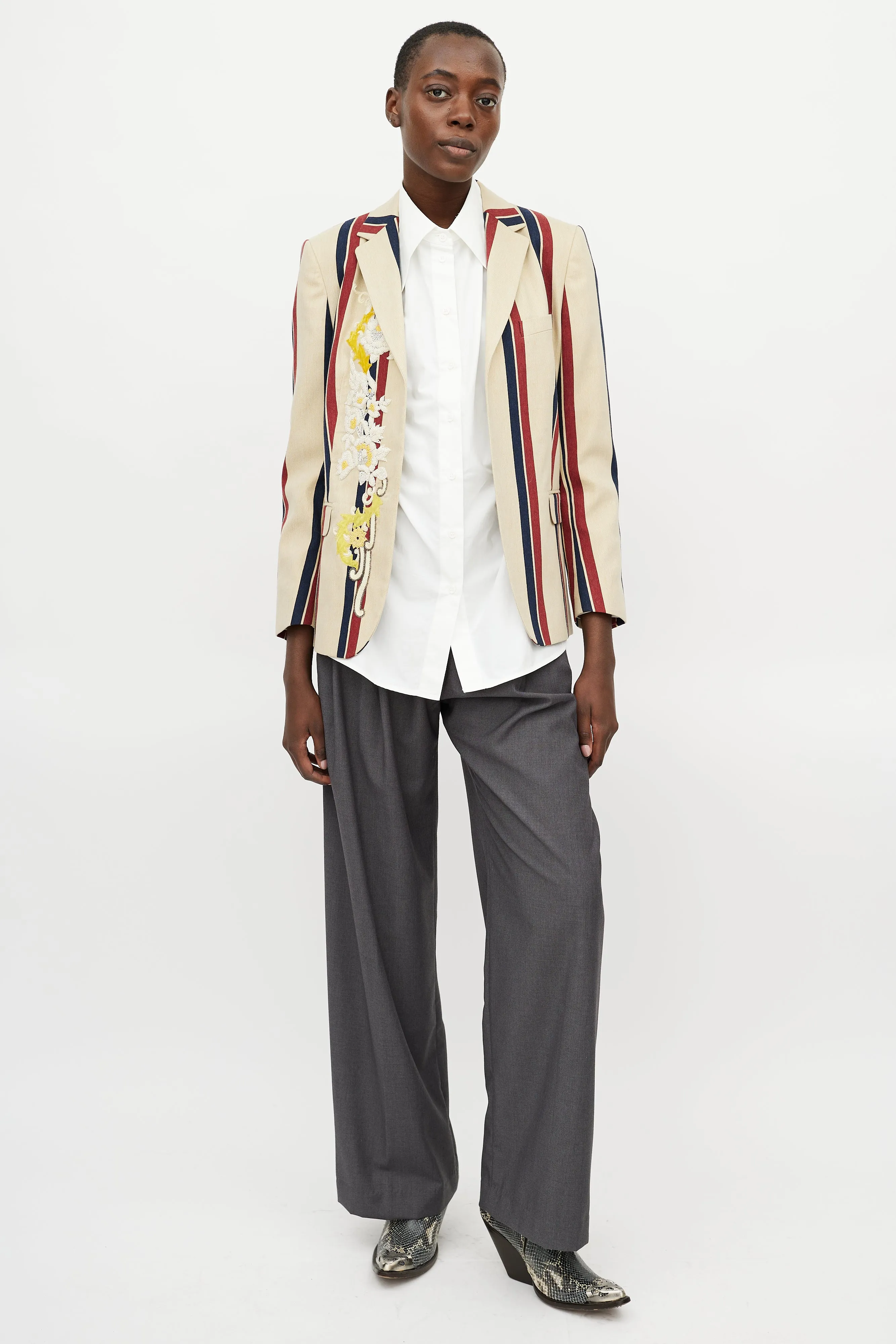 Beige & Multicolour Striped Beaded Blazer