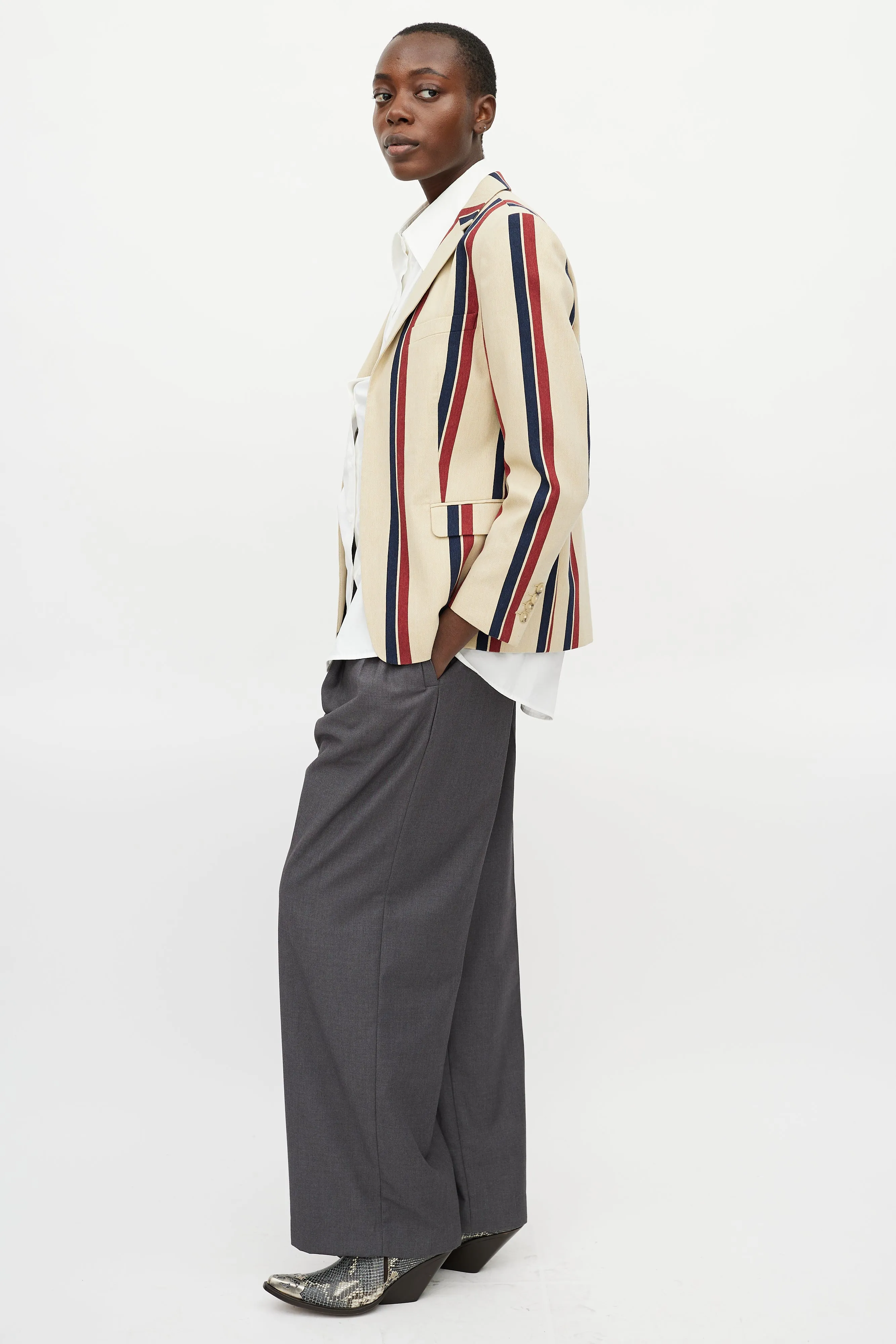 Beige & Multicolour Striped Beaded Blazer