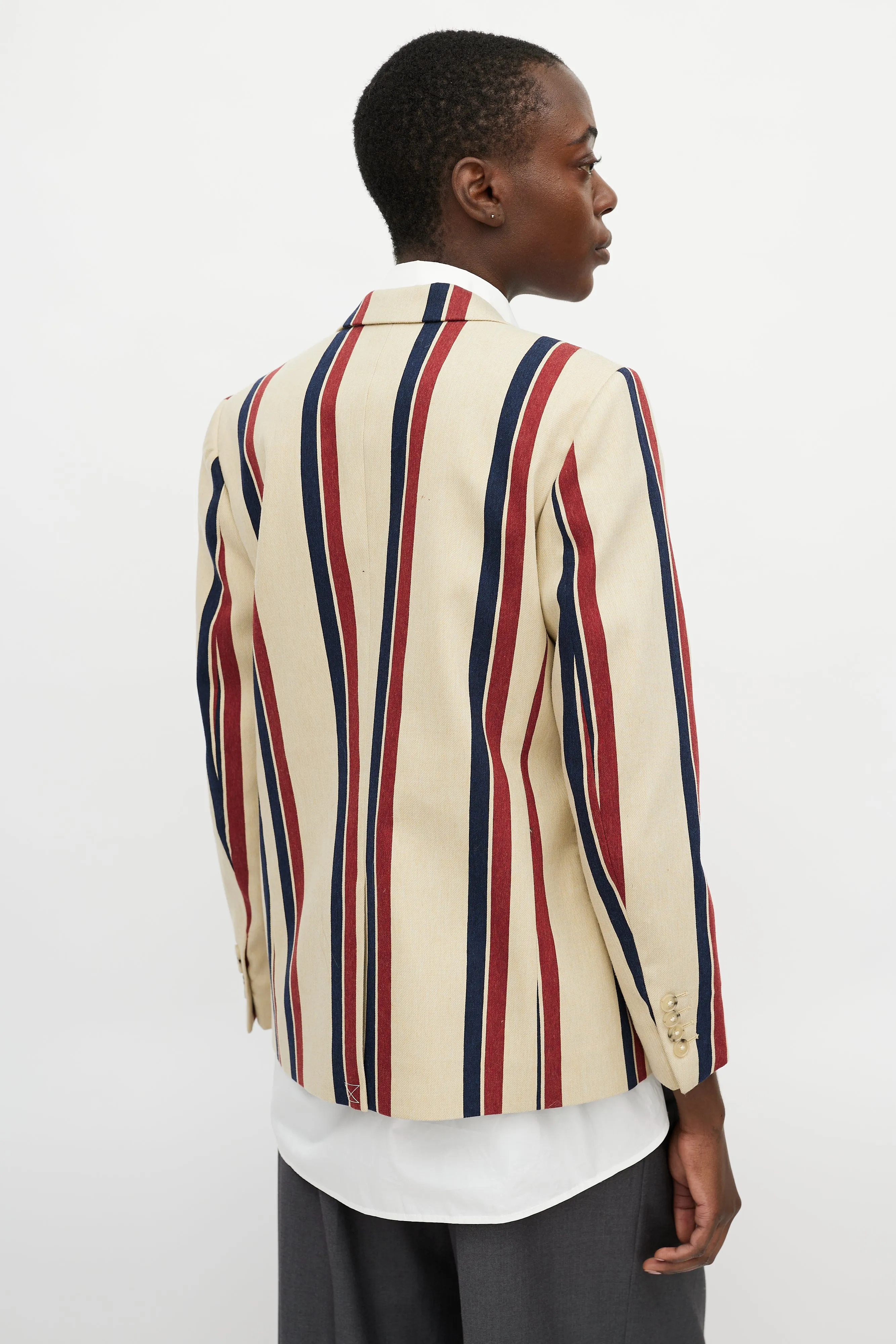Beige & Multicolour Striped Beaded Blazer