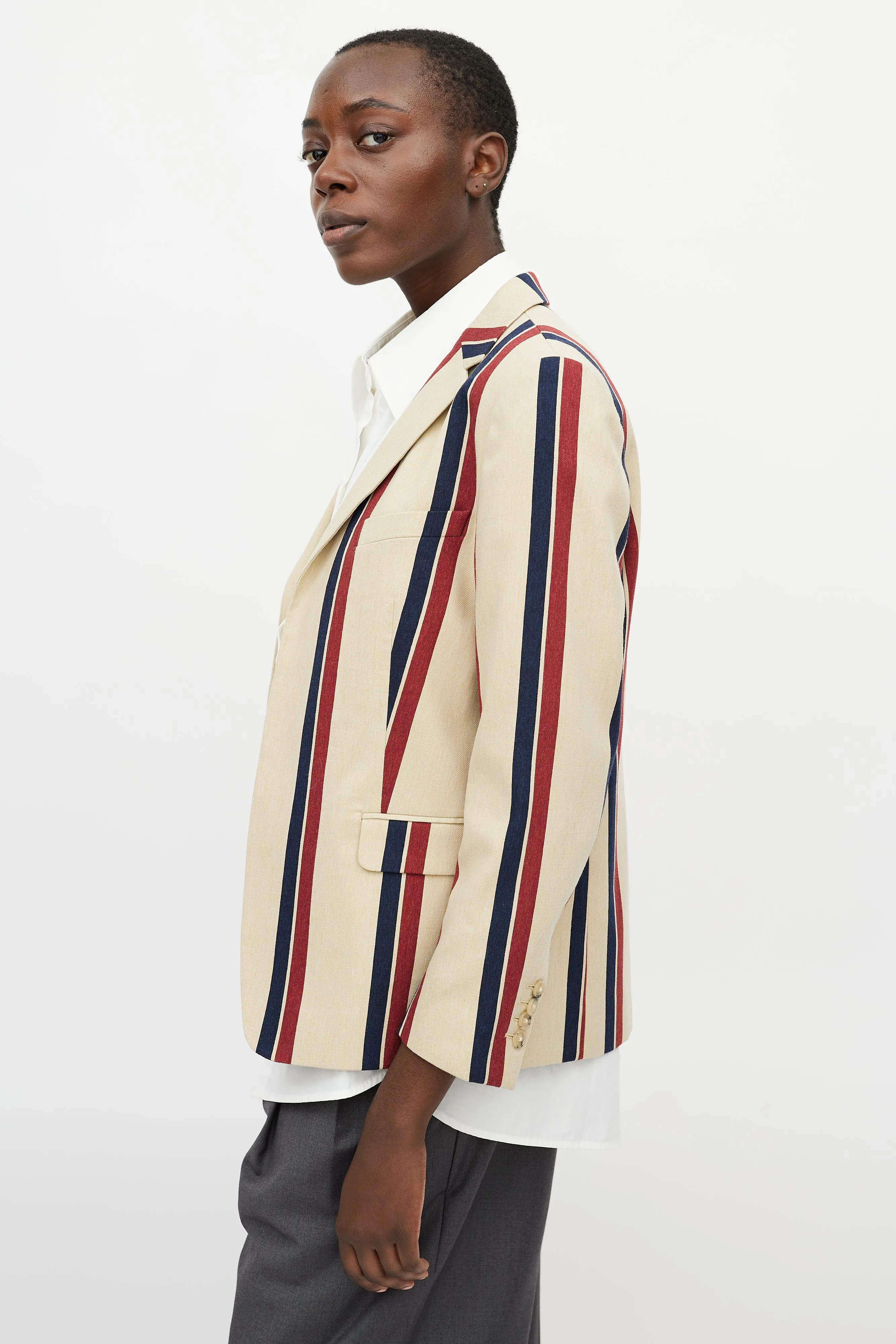 Beige & Multicolour Striped Beaded Blazer