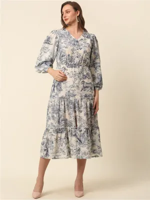 Beige Conversational Printed Puff Sleeve Tiered Fit  Flare Midi Dress