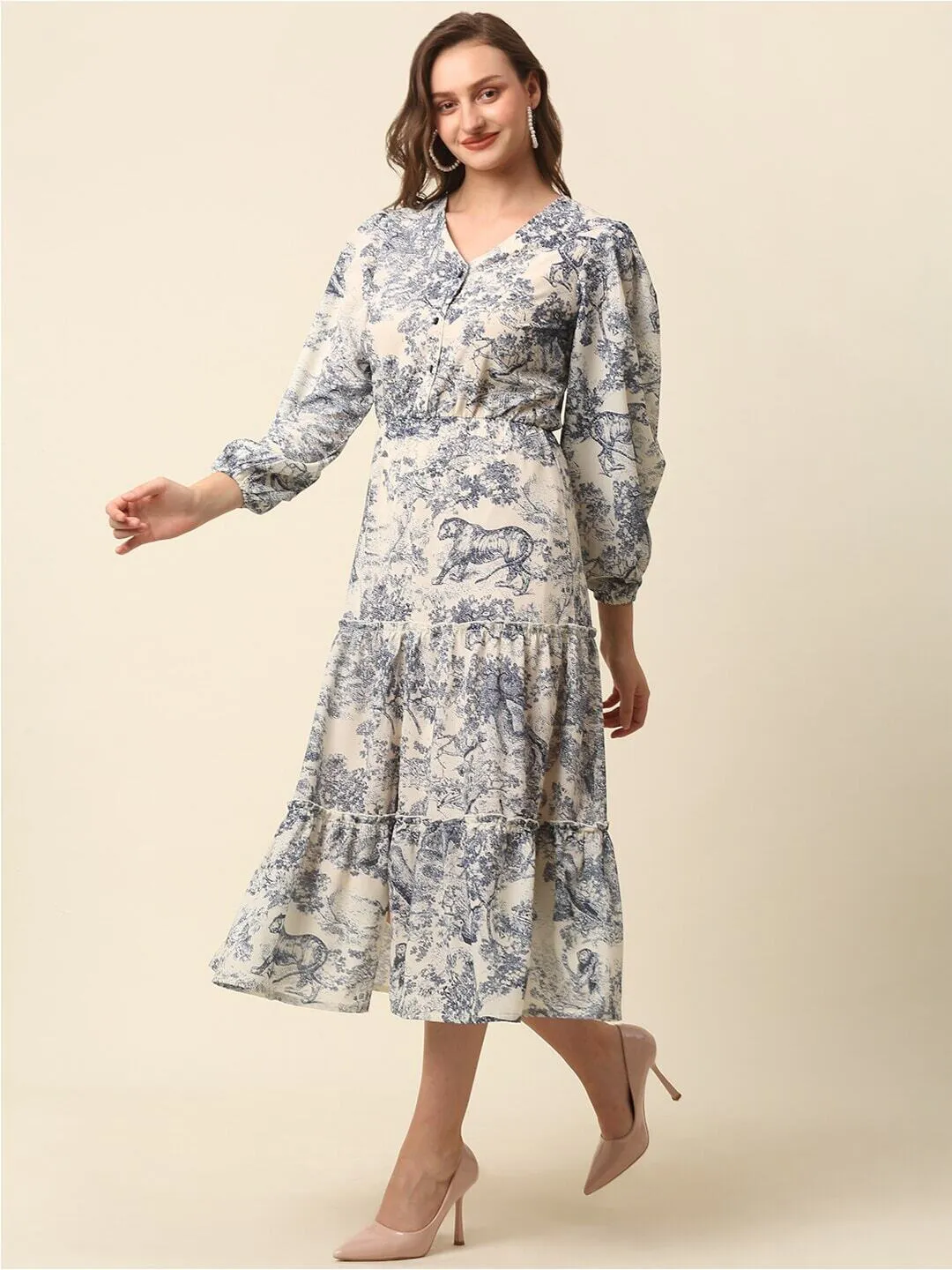 Beige Conversational Printed Puff Sleeve Tiered Fit  Flare Midi Dress