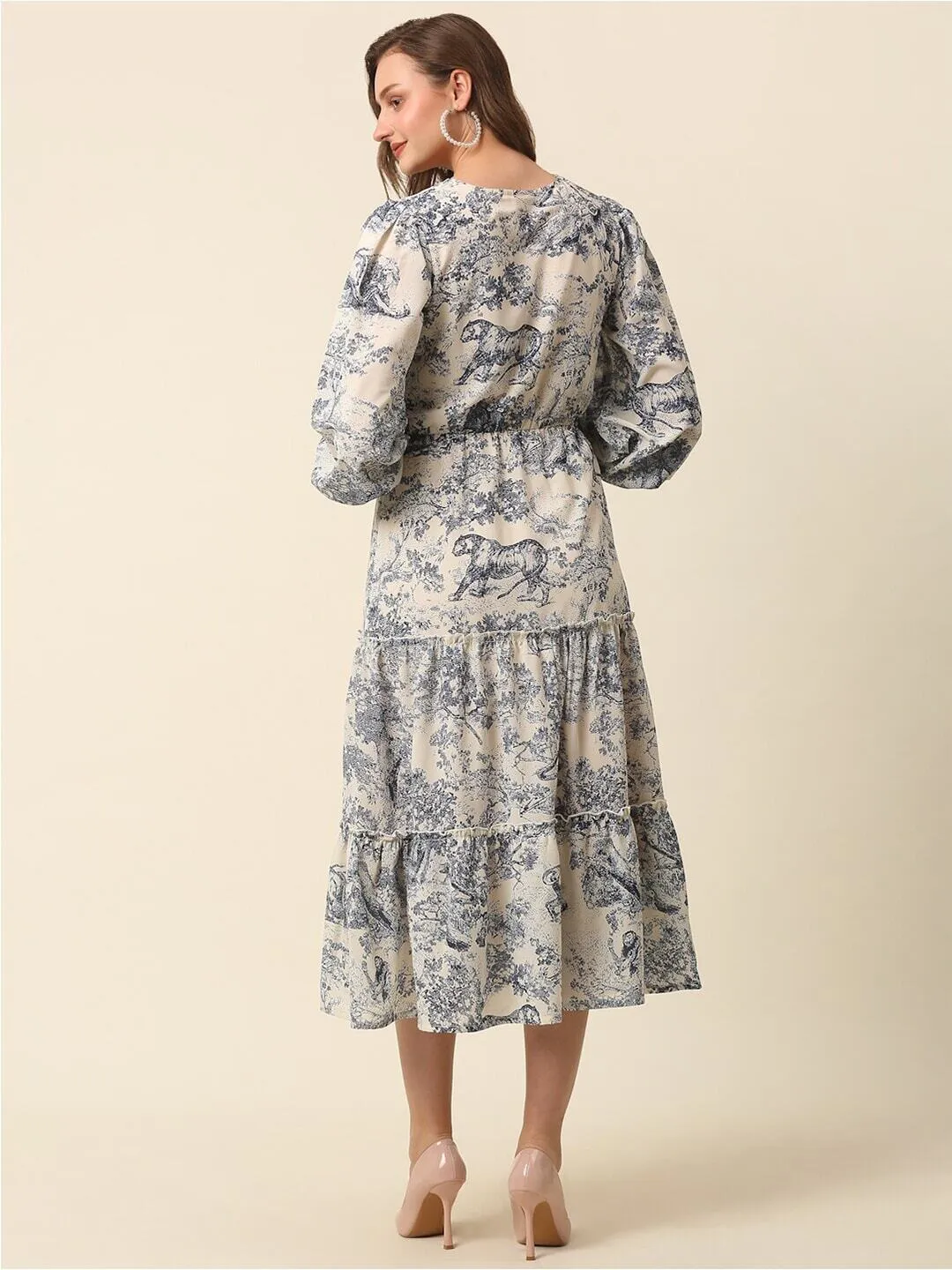 Beige Conversational Printed Puff Sleeve Tiered Fit  Flare Midi Dress