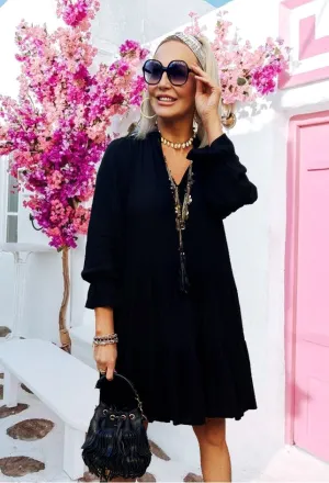Black Cotton Tiered Loose Dress