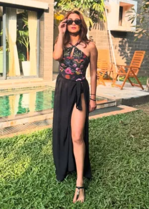 Black Floral Print Monokini With Sarong