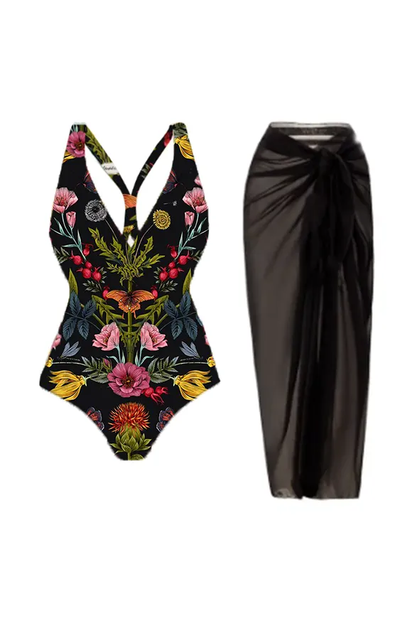Black Floral Print Monokini With Sarong