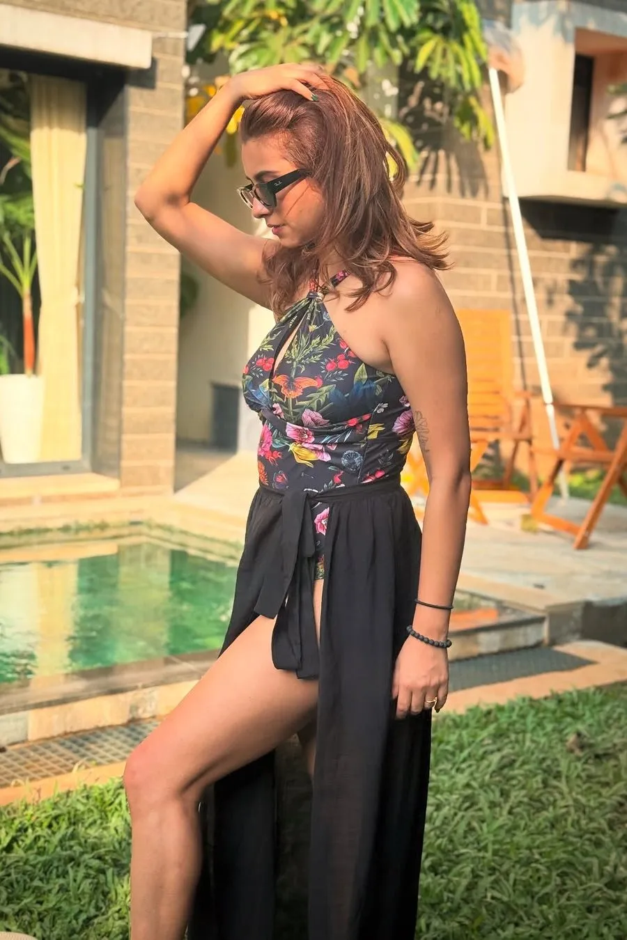 Black Floral Print Monokini With Sarong