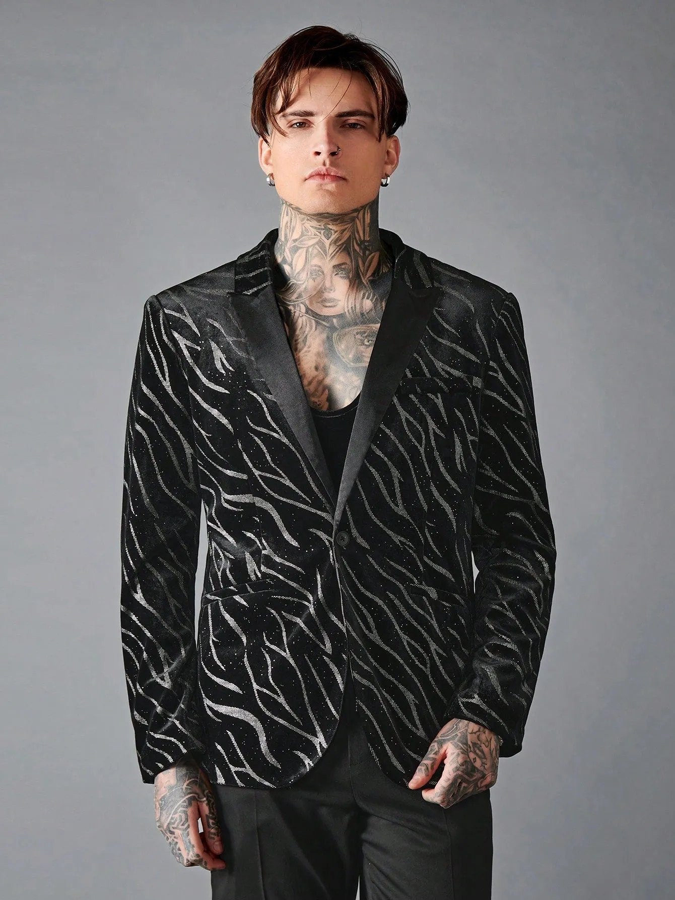 Black Zebra Striped Single Button Blazer with Drawstring Waist Pants