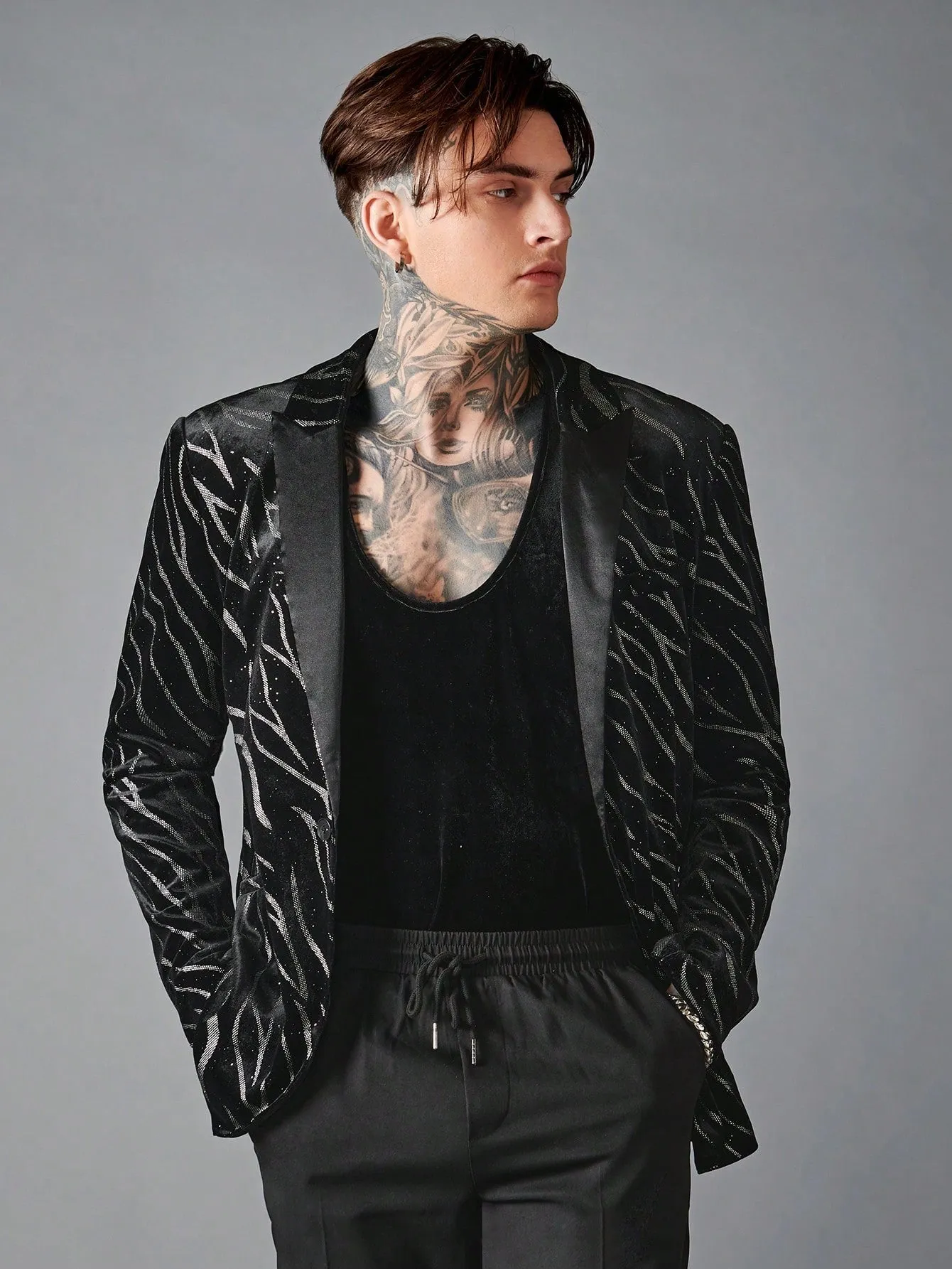 Black Zebra Striped Single Button Blazer with Drawstring Waist Pants