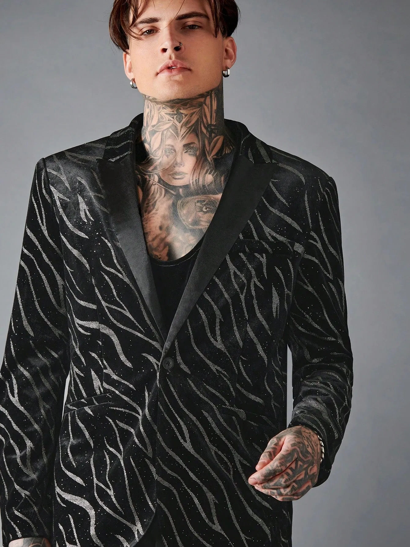Black Zebra Striped Single Button Blazer with Drawstring Waist Pants