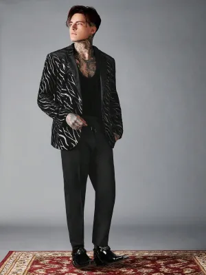 Black Zebra Striped Single Button Blazer with Drawstring Waist Pants