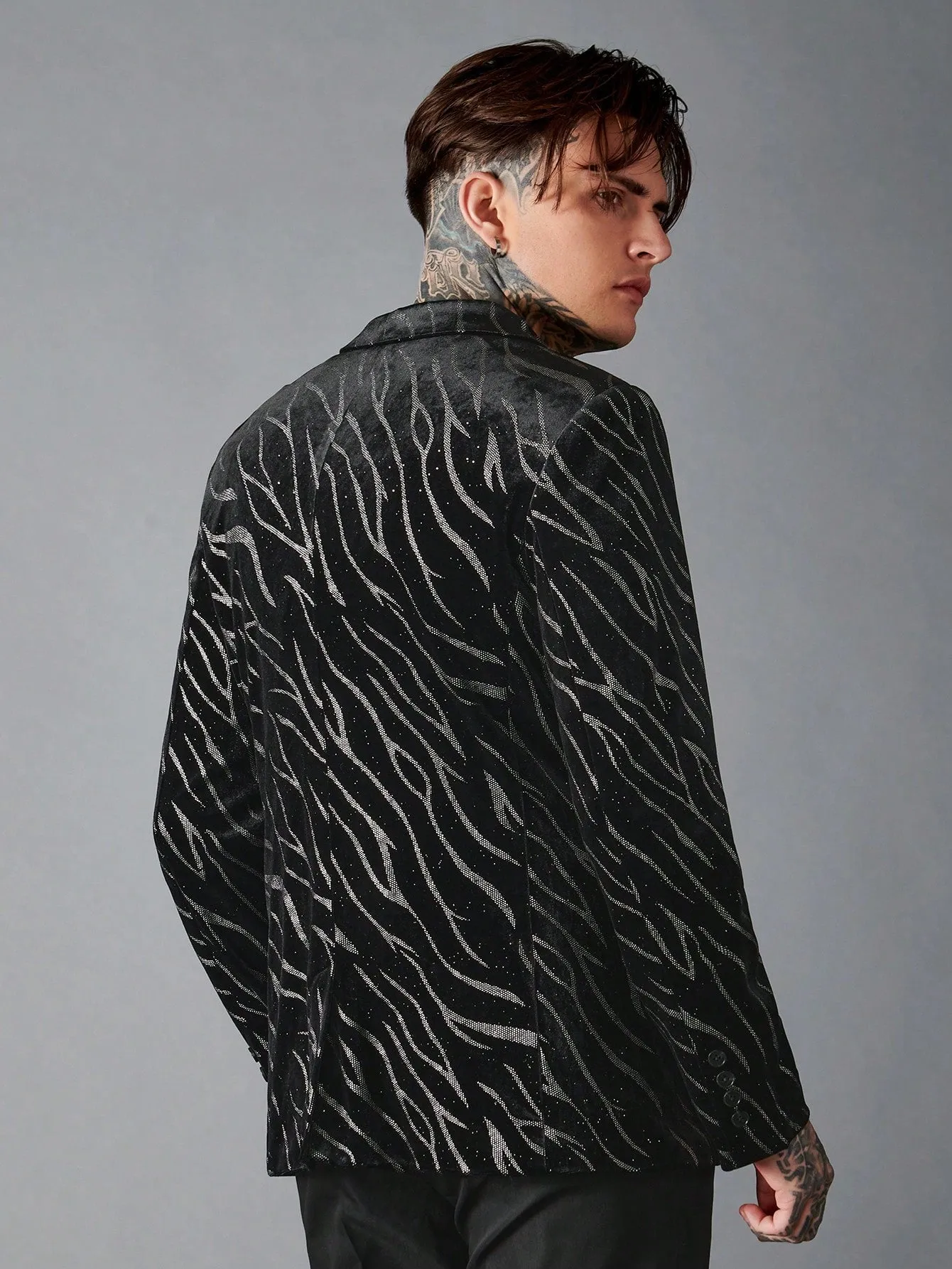 Black Zebra Striped Single Button Blazer with Drawstring Waist Pants