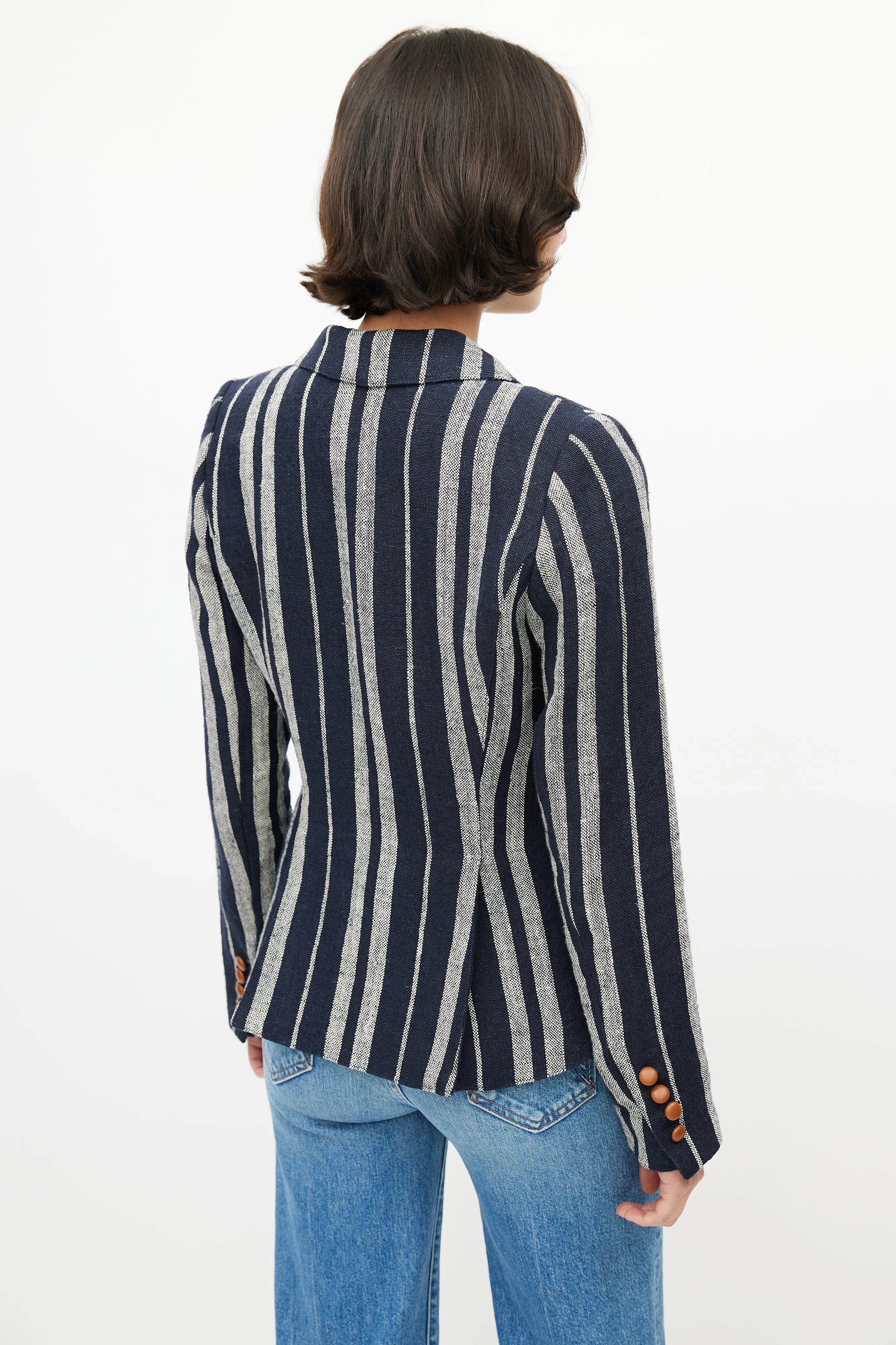 Blue & White Striped Linen One Button Blazer