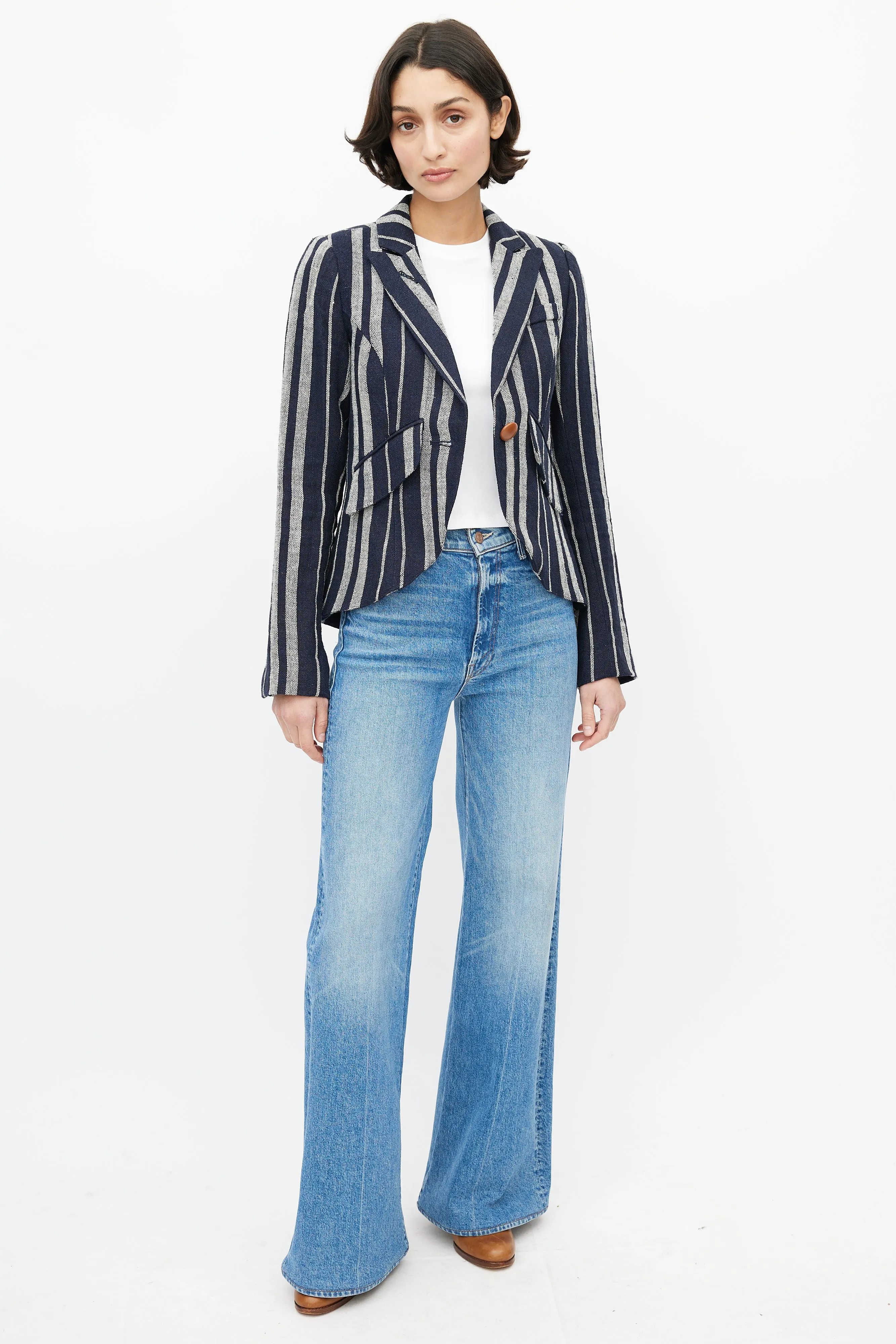 Blue & White Striped Linen One Button Blazer
