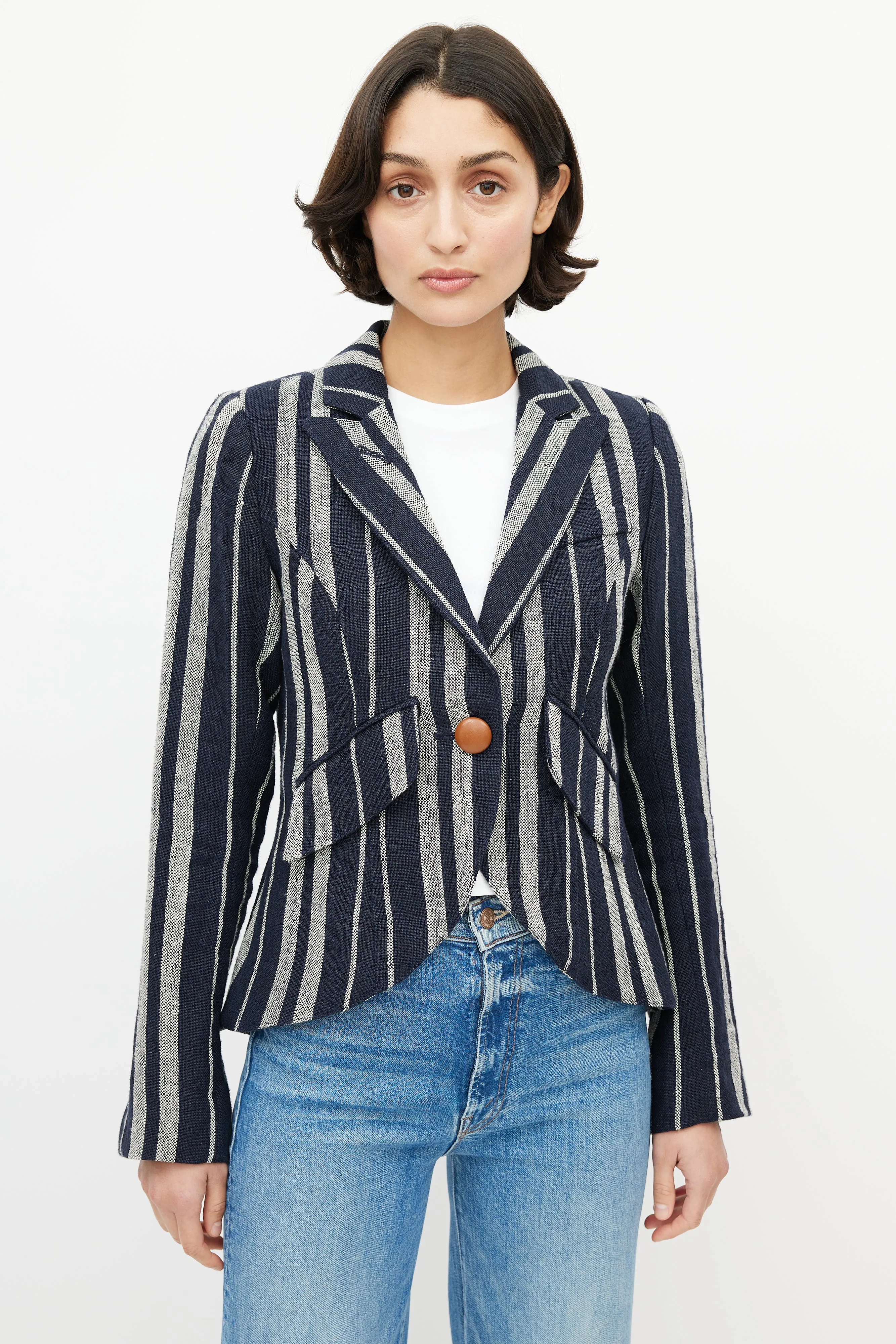 Blue & White Striped Linen One Button Blazer