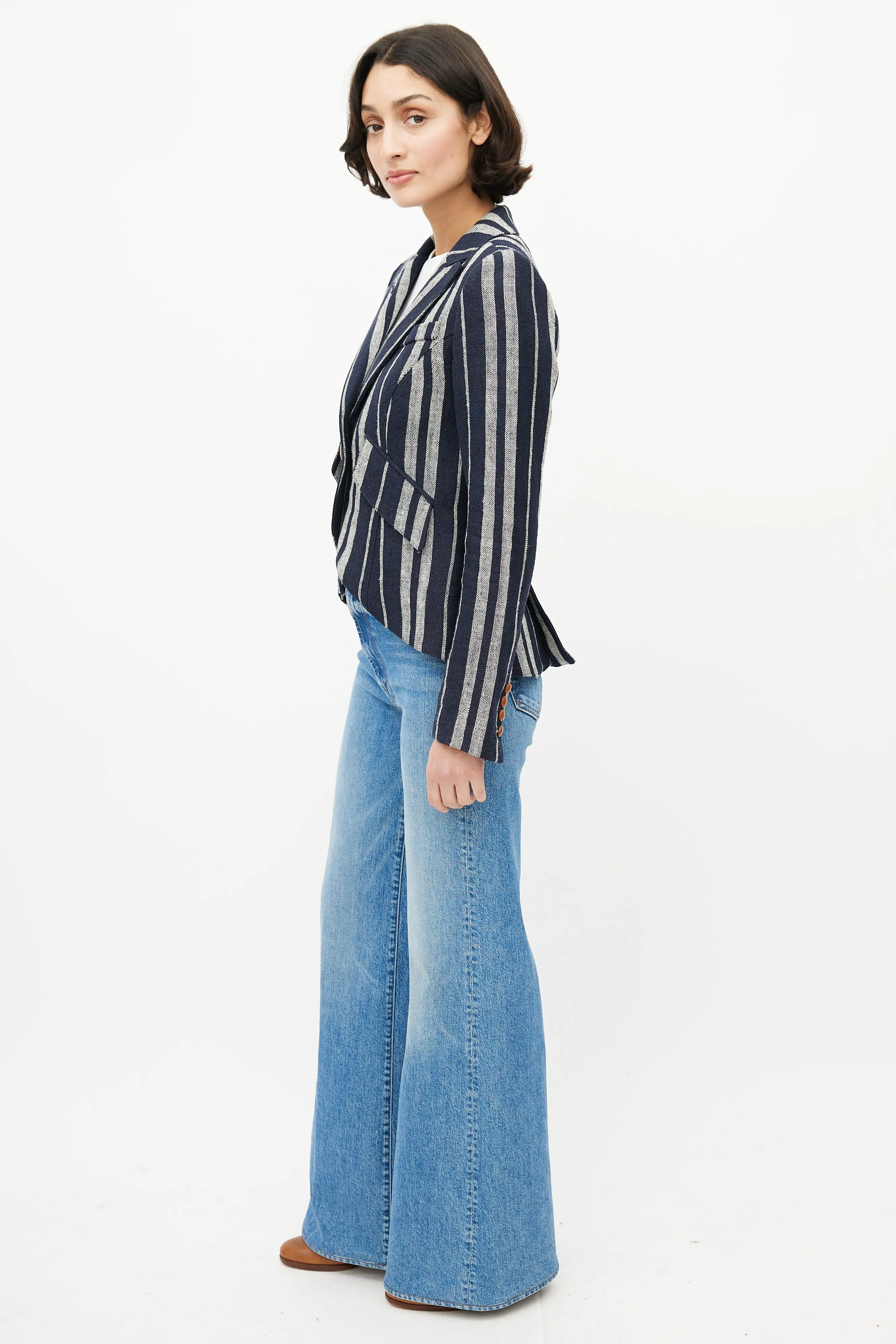 Blue & White Striped Linen One Button Blazer