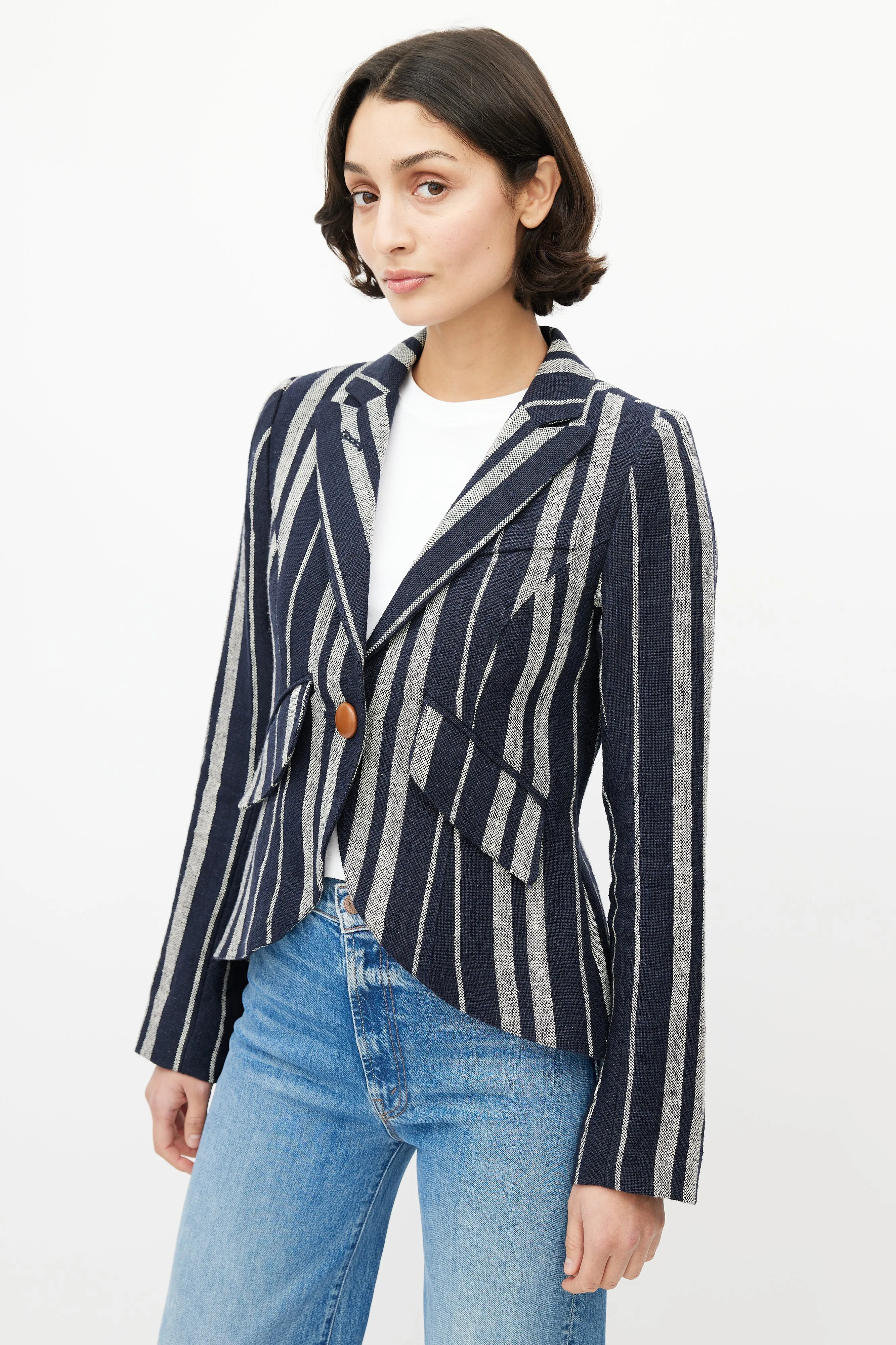 Blue & White Striped Linen One Button Blazer