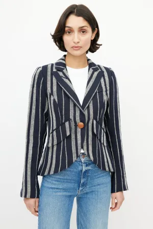 Blue & White Striped Linen One Button Blazer