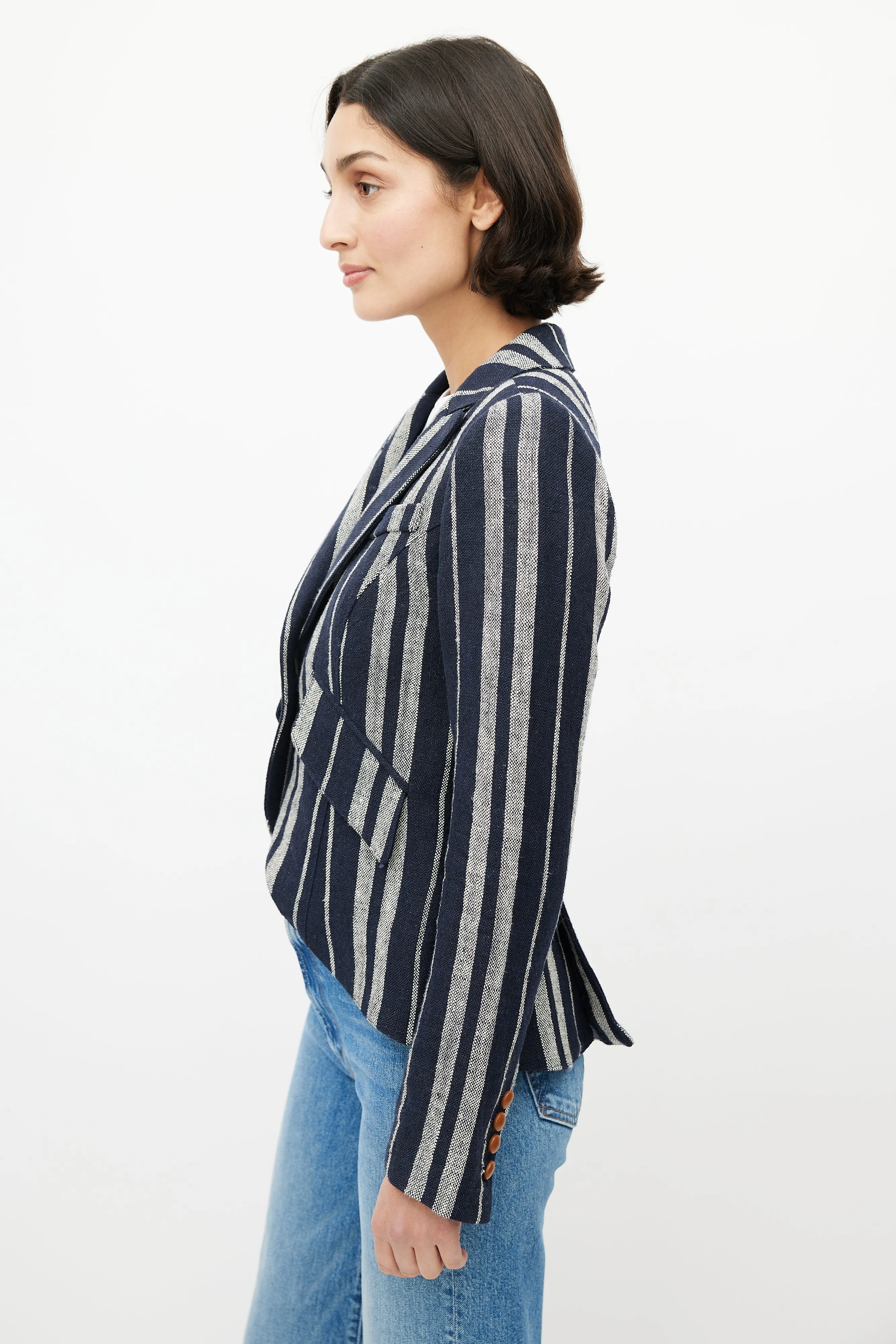 Blue & White Striped Linen One Button Blazer