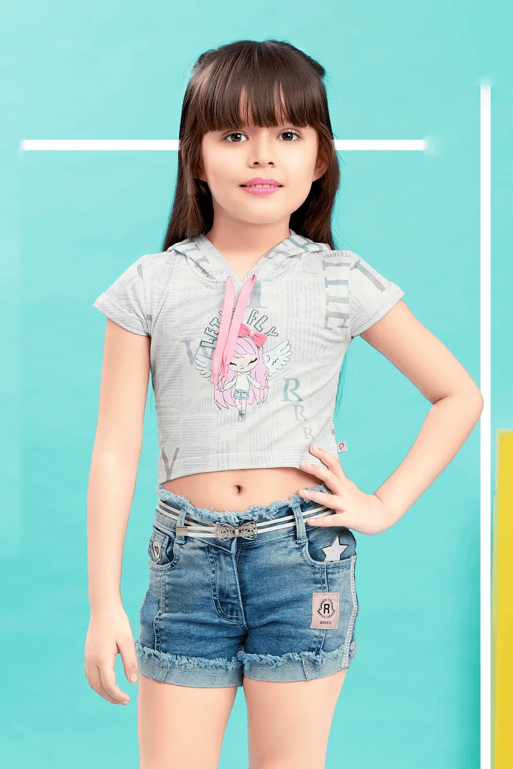 Blue and White Denim Shorts and T-Shirt For Girls with Belt