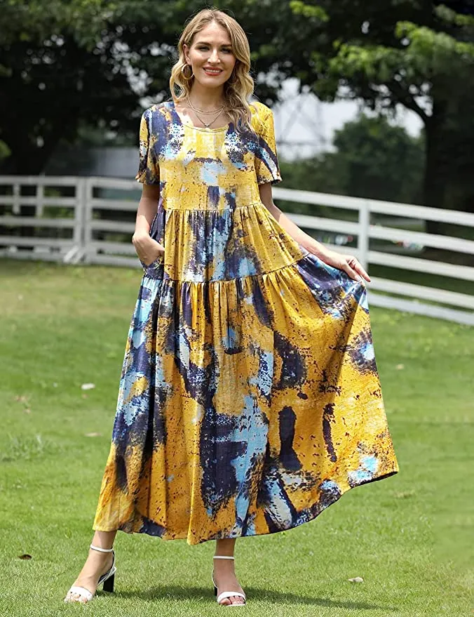 Blue Yellow Women Casual Loose Bohemian Floral Dress with Pockets Short Sleeve Long Maxi Summer Beach Swing Dress - Yesno