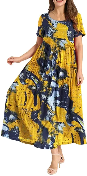 Blue Yellow Women Casual Loose Bohemian Floral Dress with Pockets Short Sleeve Long Maxi Summer Beach Swing Dress - Yesno