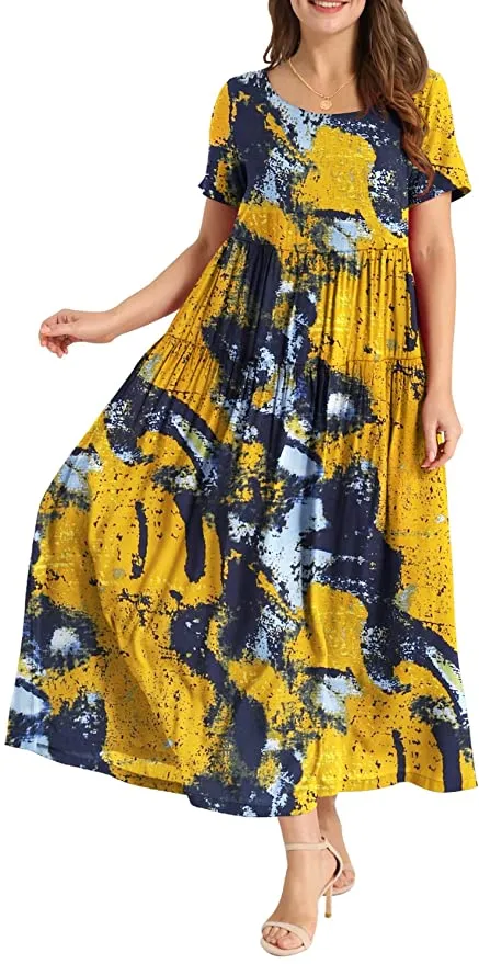 Blue Yellow Women Casual Loose Bohemian Floral Dress with Pockets Short Sleeve Long Maxi Summer Beach Swing Dress - Yesno