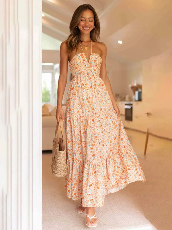 Blue Zone Planet |   Isabella's Bohemian V-Neck Halter Spaghetti Strap Tiered Maxi Dress