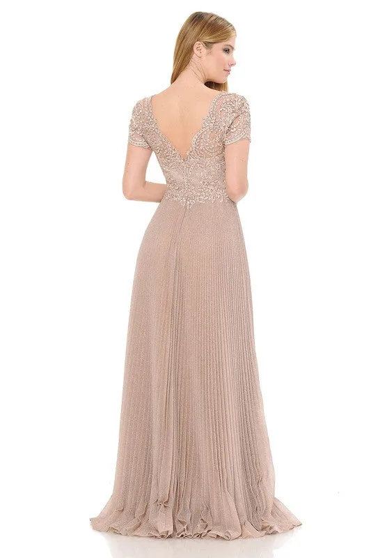 Blush Embroidered Sleeved Diamond Pleated Formal Dress