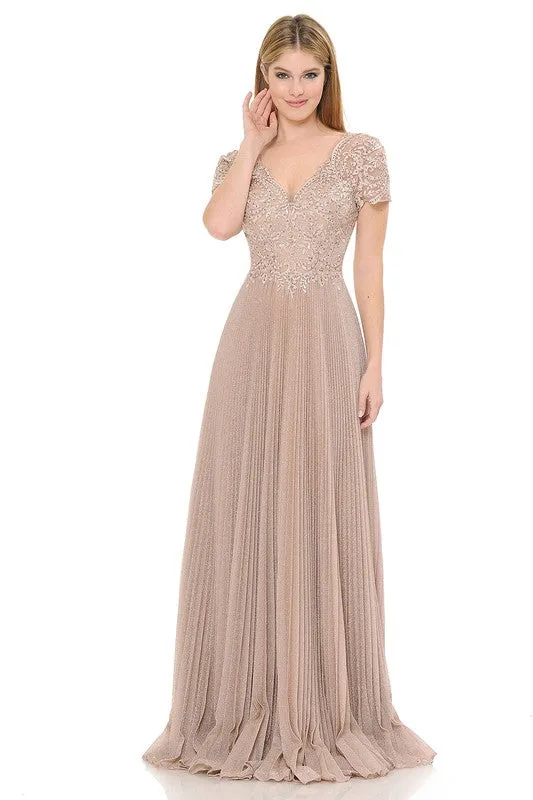 Blush Embroidered Sleeved Diamond Pleated Formal Dress