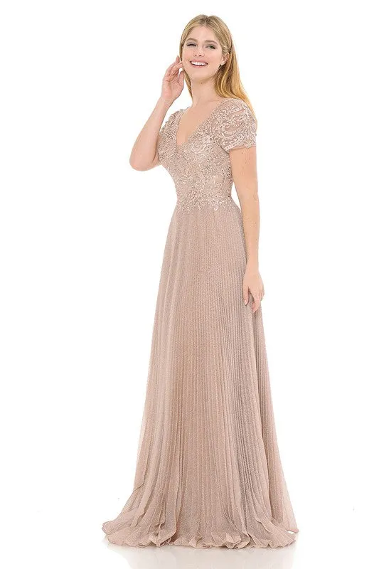 Blush Embroidered Sleeved Diamond Pleated Formal Dress
