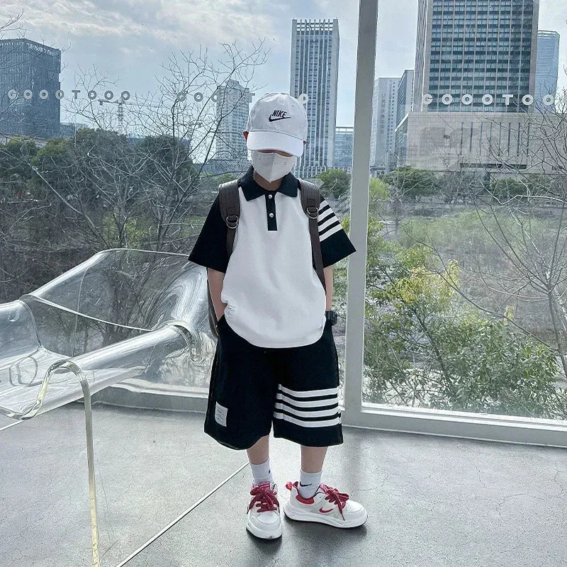 Boys Back To School Off Striped Polo and Shorts Sets
