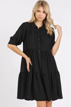Button Detail Tiered Shirt Dress
