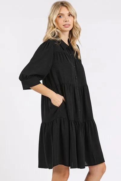 Button Detail Tiered Shirt Dress