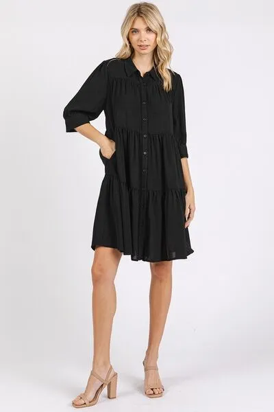 Button Detail Tiered Shirt Dress